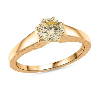 front view of lab yellow diamond round solitaire wedding ring in polished 10k yellow gold with textured band design