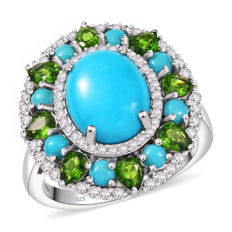 oval turquoise halo ring with chrome diopside and moissanite in rhodium plated sterling silver front view