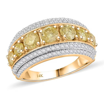 front view of natural yellow and white diamond wide band ring in polished 14k yellow gold