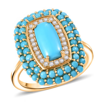 front view of turquoise and zircon halo ring in 18k yellow gold over sterling silver