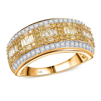 front view of natural yellow and white diamond baguette and round cluster band ring in 14k yellow gold