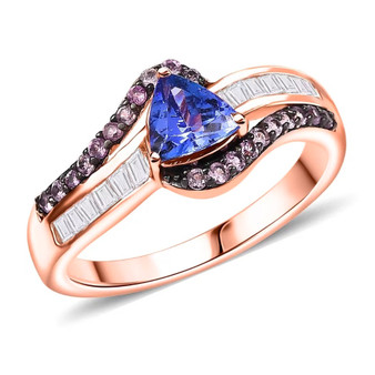 front view of tanzanite pink sapphire and zircon bypass ring in 18k rose gold over sterling silver
