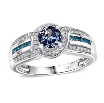 front view of tanzanite london blue topaz and zircon bypass ring in rhodium over sterling silver