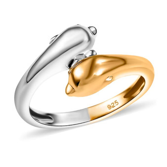 front view of dolphins bypass ring in two-tone 18k yellow gold and rhodium over sterling silver