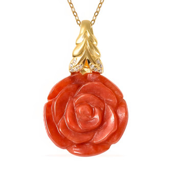 front view of red jade and zircon accents carved rose pendant necklace in 18k yellow gold over sterling silver