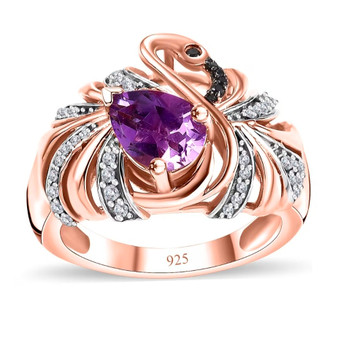 front view of rose de france amethyst and multi gem pink flamingo ring in 18k rose gold over sterling silver