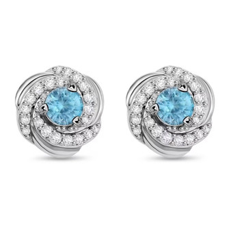 front view of blue and white zircon love knot halo stud earrings in rhodium over sterling silver