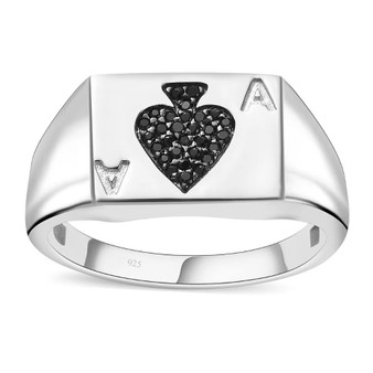 front view black spinel ace of spades mens signet ring with pavé spade motif in rhodium over sterling silver