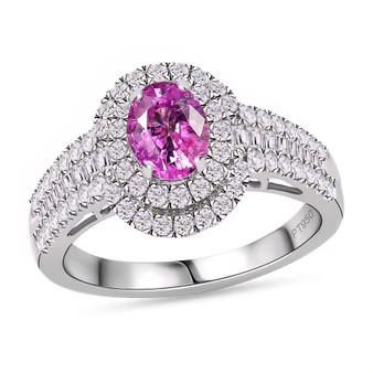 front view of padparadscha sapphire and diamond halo ring in 950 platinum