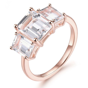natural white topaz emerald cut trilogy ring 18k rose gold over sterling silver front