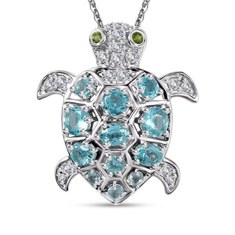 front view of blue apatite chrome diopside and zircon turtle pendant necklace in rhodium over sterling silver