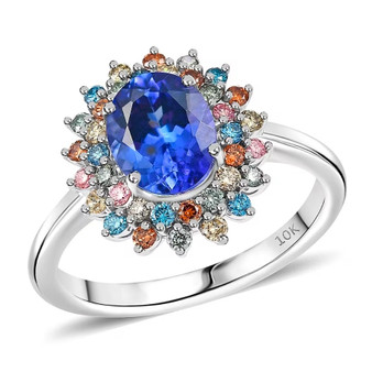 front view of tanzanite and multi color lab diamond oval double halo ring in 10k white gold