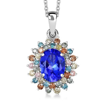 front view of tanzanite and multi color lab diamond oval double halo pendant necklace in 10k white gold
