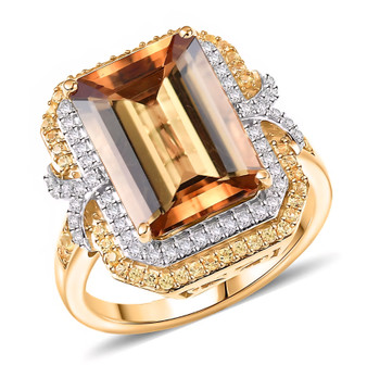 front view of honey scapolite emerald cut yellow sapphire and diamond halo ring in 10k yellow gold