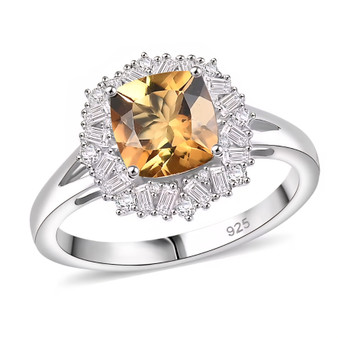 front view of honey scapolite cushion and moissanite halo ring in rhodium over sterling silver