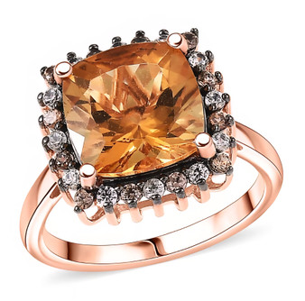 front view of honey scapolite cushion brown and white zircon halo ring in 18k rose gold over sterling silver