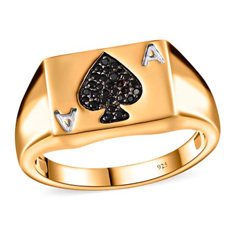 front view of a mens signet ring with black spinel ace of spades motif in 18k yellow gold over sterling silver