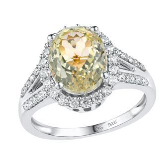 front view of triphane and moissanite oval halo split shank ring in rhodium over sterling silver