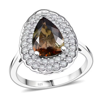 front view of andalusite and moissanite pear double halo ring in rhodium over sterling silver