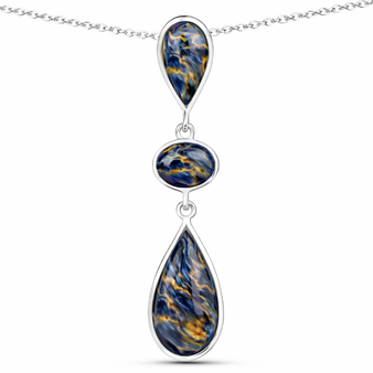 pietersite three stone bezel set rhodium over sterling silver pendant necklace front close