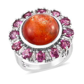 front view of sunstone rhodolite garnet and zircon halo cocktail ring in rhodium over sterling silver