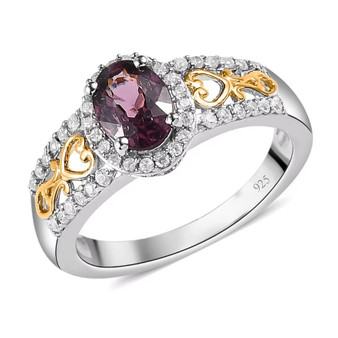 front view of purple spinel and white zircon halo ring in two-tone 18k yellow gold and rhodium over sterling silver