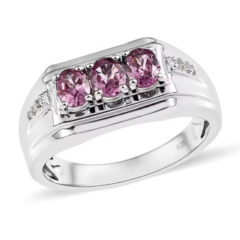 front view of purple spinel and white zircon gents three stone ring in rhodium over sterling silver