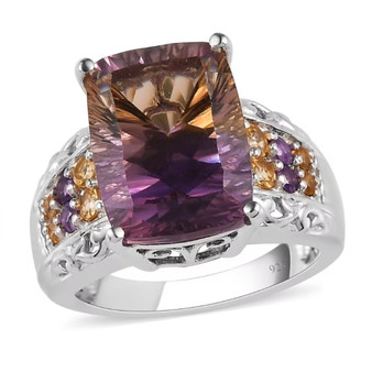 front view of ametrine amethyst and citrine concave cut ring in rhodium over sterling silver