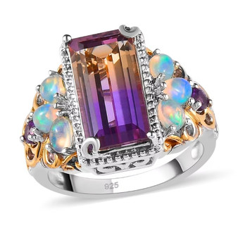 front view of ametrine ethiopian opal and amethyst two-tone 18k yellow gold and rhodium over sterling silver ring