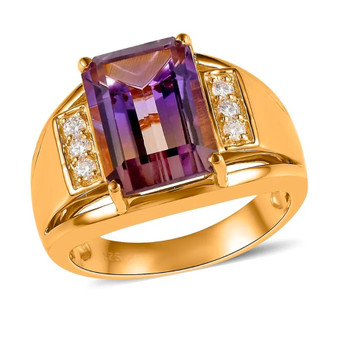 ametrine and moissanite mens ring in 18k yellow gold over sterling silver front