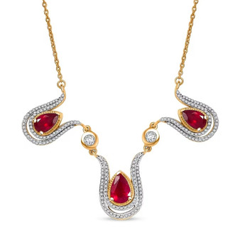 front view of ruby (ff) and white zircon tulip inspired necklace in 18k yellow gold over sterling silver5