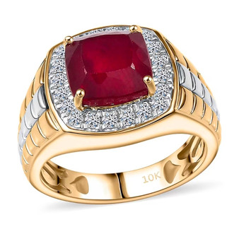 front view of ruby (ff) and lab diamond cushion halo gents ring in two-tone 10k yellow and white gold