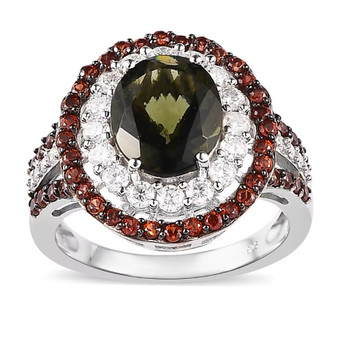 front view of moldavite brown zircon and moissanite double halo ring in rhodium over sterling silver