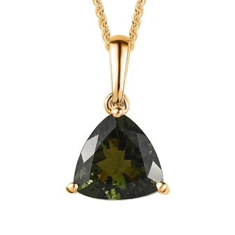 front view of moldavite trillion cut solitaire pendant necklace in 18k yellow gold over sterling silver
