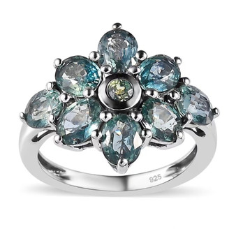 front view of multi-color parti sapphire cluster ring in rhodium over sterling silver
