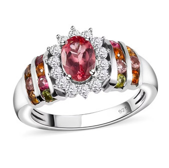 front view of pink apatite multi tourmaline and zircon halo ring in rhodium over sterling silver
