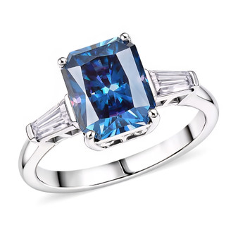 front view of blue and white moissanite solitaire ring in rhodium over sterling silver
