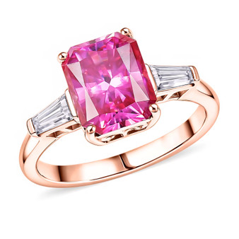 pink and white moissanite solitaire ring in 18k rose gold over sterling silver