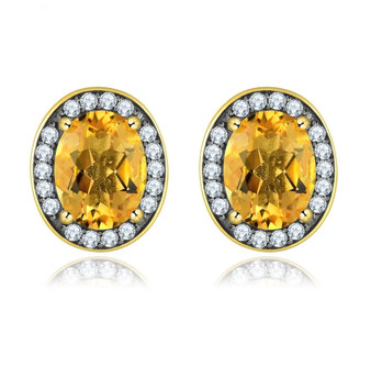 Citrine and White Zircon Oval Halo Earrings in Black Rhodium and 18K Yellow Gold over 925 Sterling Silver