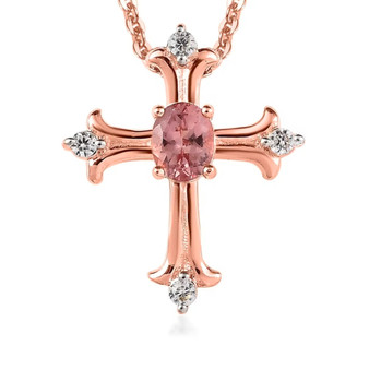 front view of pink apatite and white zircon cross pendant necklace in 18k rose gold over sterling silver