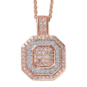 front view of pink and white diamond cluster pendant necklace in 10k rose gold