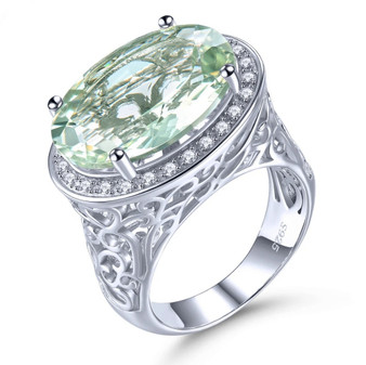 prasiolite and white zircon openwork ring in rhodium over 925 sterling silver