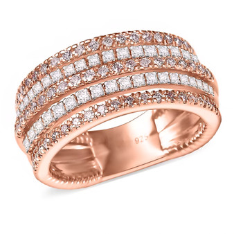 front view of pink and white diamond cluster band ring in 18k rose gold over sterling silver