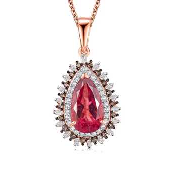 front view of pink apatite champagne and white diamond pear double halo pendant necklace in 10k rose gold