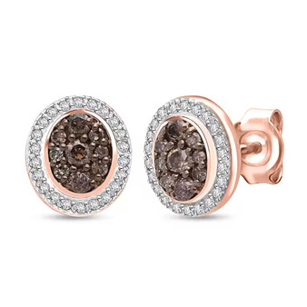 brown and white diamond cluster halo stud earrings in rose gold and rhodium over sterling silver