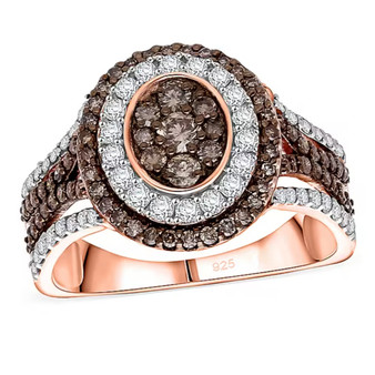 brown and white diamond cluster halo ring in rose gold over sterling silver