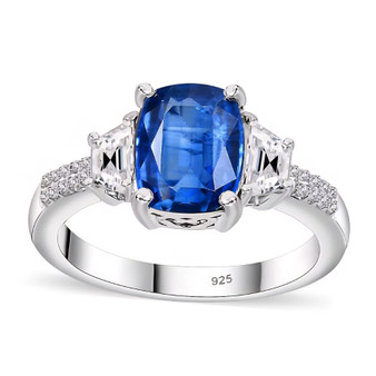 front view of kyanite and cushion zircon ring in rhodium over sterling silver