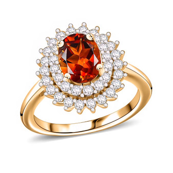 front view of madeira citrine and white zircon double halo ring in 18k yellow gold over sterling silver