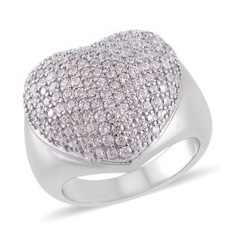 white cubic zirconia pave heart ring in rhodium over sterling silver front view