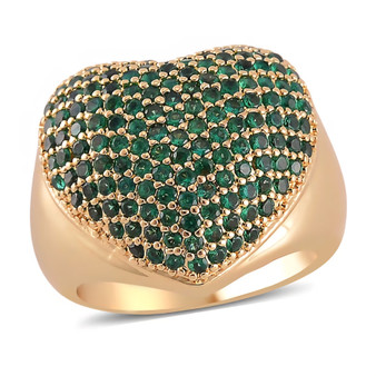 green cubic zirconia pave heart ring in 18k yellow gold over sterling silver front view